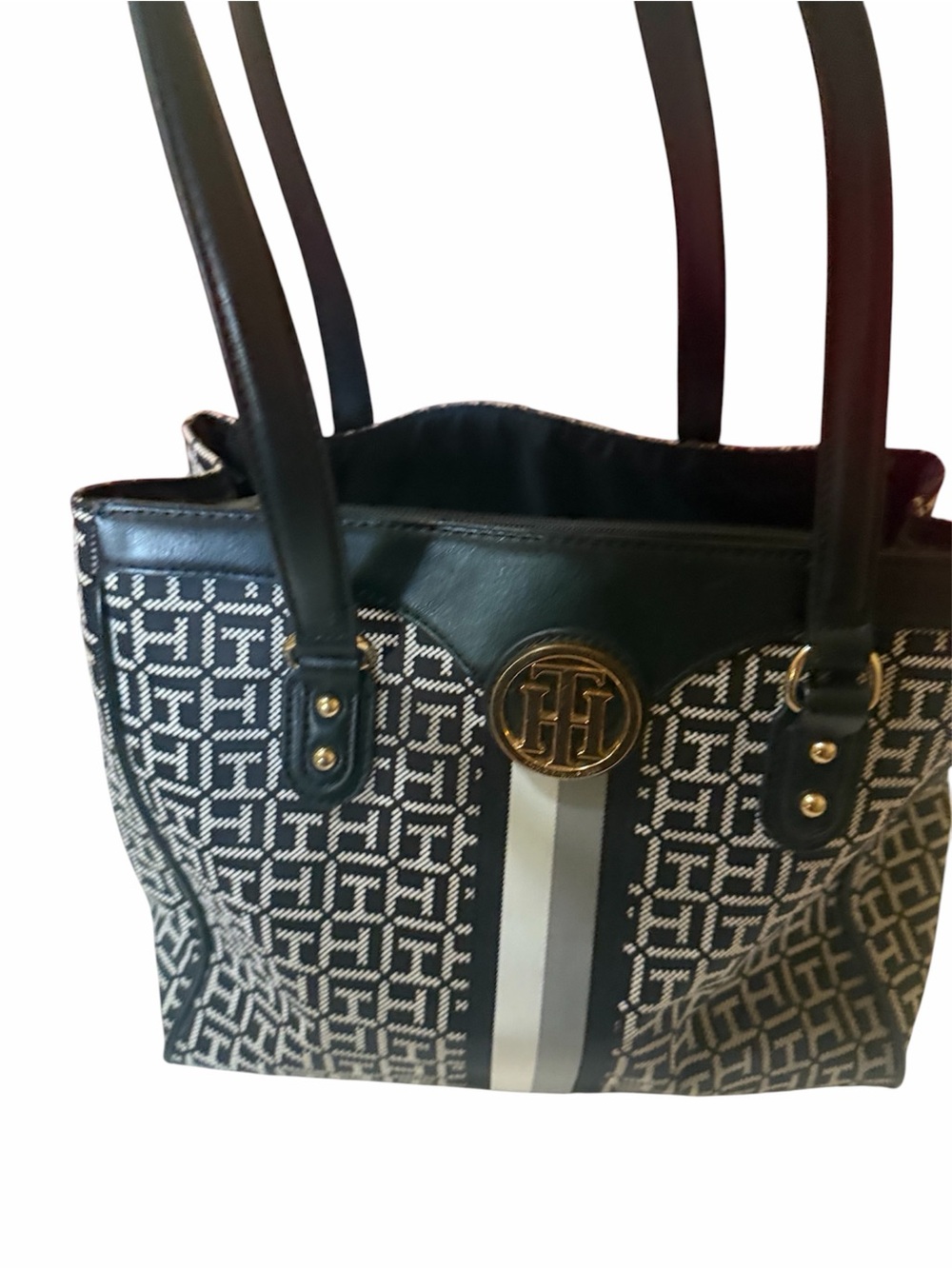 Tommy Hilfiger Black Monogram Tote with Center Stripe and Gold Logo